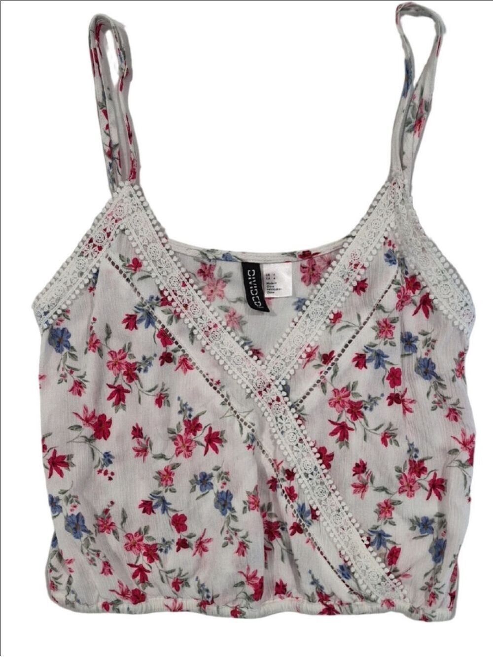 Divided By H&M White Floral Lace-Trim Wrap Cami